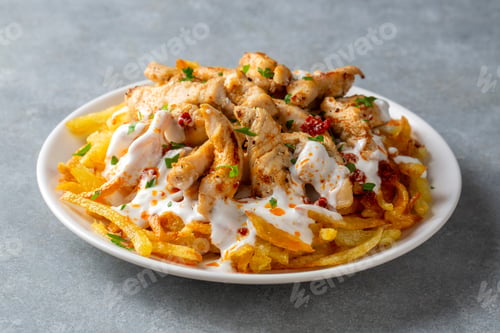 Preview: Traditional Turkish Chicken Cokertme Kebab with Crispy Matchstick Fries and Garlic Yogurt Sauce