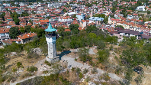 Preview: Aerial Drone View of Historic Plovdiv Clock Tower on Sahat Tepe in Bulgaria