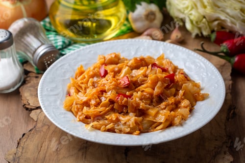 Preview: Traditional Turkish Kapuska Cabbage Stew with Rice and Red Peppers Served on a White Plate