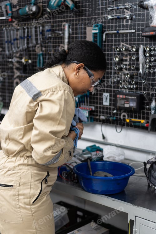 Preview: Woman mechanic working with tools in workshop