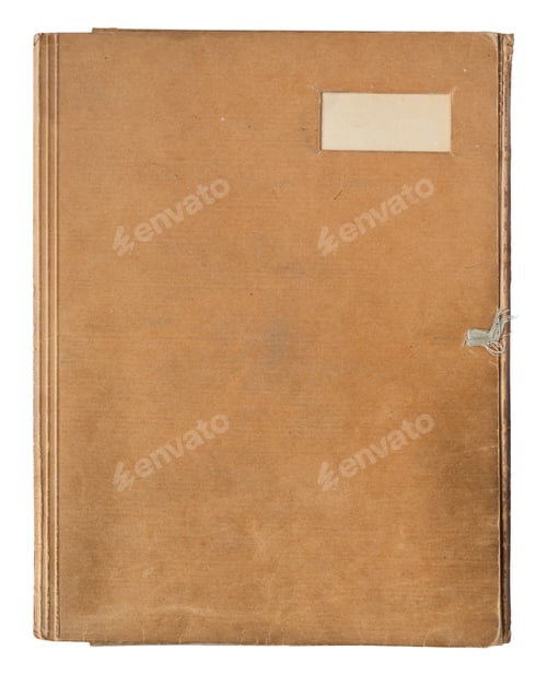 Preview: Vintage brown closed paper folder with blank label, top view isolated