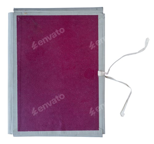 Preview: Closed magenta vintage fabric bound folder with ribbon ties and inner document pocket on white