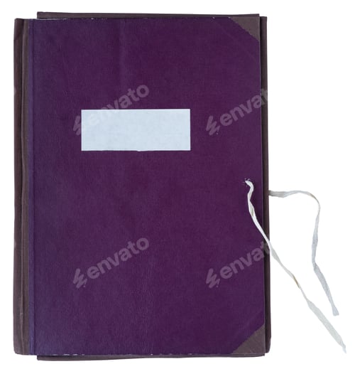 Preview: Closed Vintage Purple Cloth Bound Folder With Inner Paper Pocket and String Tie on White Background