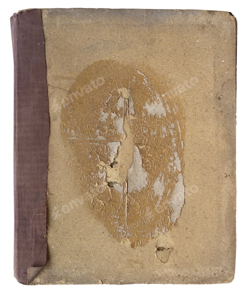 Preview: Worn vintage photo album cover with peeling beige paper texture and brown fabric spine isolated on w
