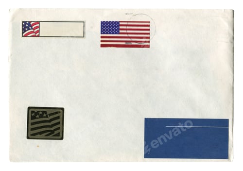 Preview: Vintage American envelope with postage stamps and blank address label on white