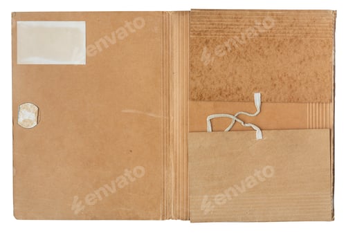 Preview: Open vintage brown cardboard folder with paper pockets and string tie closure, top view isolated on
