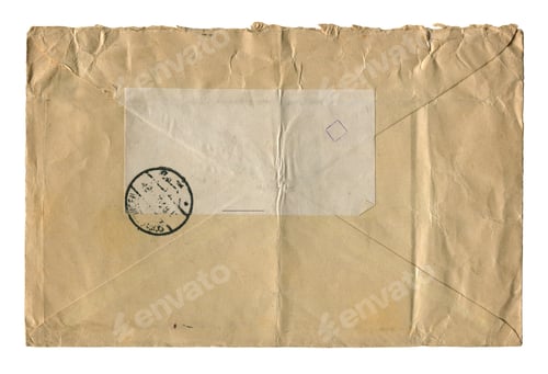 Preview: Vintage brown paper envelope with blank address label and postal stamp isolated on white