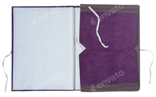 Preview: Open vintage purple cloth bound folder with inner paper pocket and string tie on white background