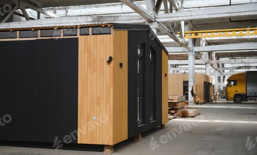 Preview: A new wooden modular prefabricated house inside in manufacturing facility