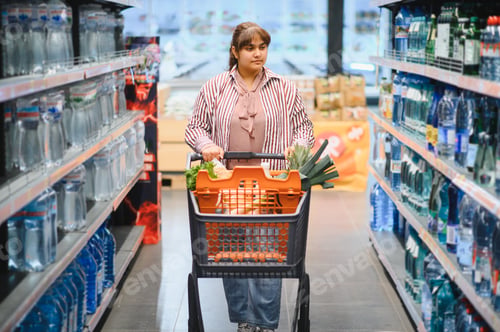 Preview: Indian woman pushing shopping cart in grocery store