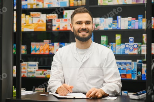 Preview: Pharmacist smiling, ready to help customers in drugstore