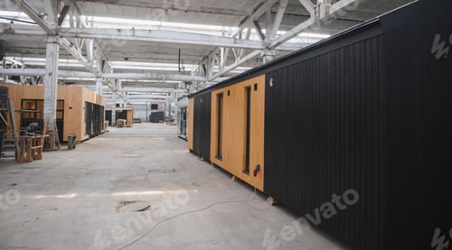 Preview: A new wooden modular prefabricated house inside in manufacturing facility
