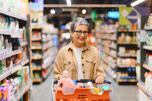 Preview: Mature woman shopping for household essentials in supermarket