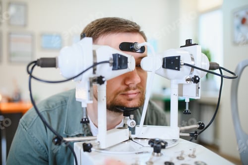 Preview: Man undergoing eye examination with synoptophore machine
