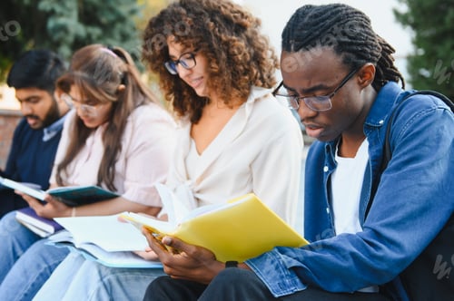 Preview: Diverse students studying together reading books outdoors