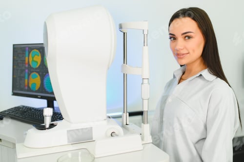 Preview: Woman having an eye exam with advanced technology