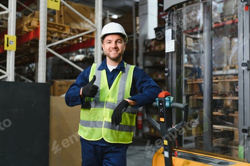 Preview: Portrait of a handsome warehouse worker in overalls and a helmet