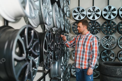 Preview: Car mechanic holding car rims ready to mount the wheels in workshop