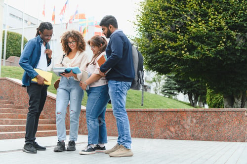 Preview: Diverse students collaborating on campus with books