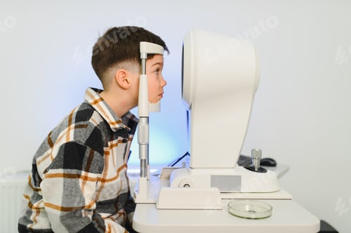 Preview: Child undergoing eye exam with optometry autorefractor machine