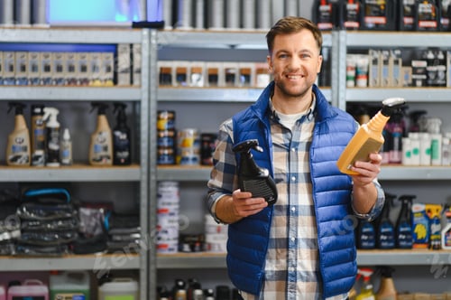 Preview: Man holding car care products in automotive shop smiling