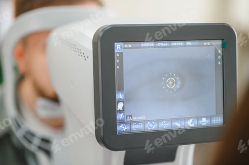 Preview: Patient undergoing eye exam using autorefractor equipment