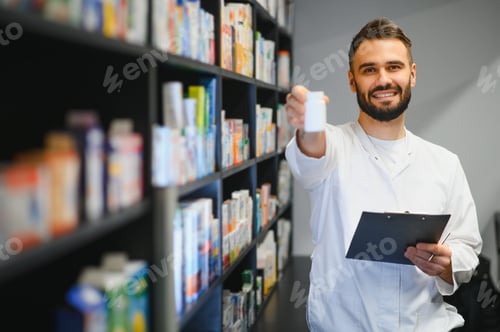 Preview: Smiling male pharmacist offering medicine bottle in pharmacy