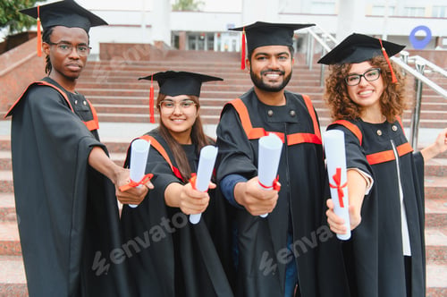 Preview: Diverse students celebrating graduation, holding diplomas, smiling