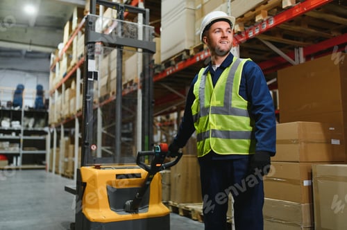 Preview: Portrait of a handsome warehouse worker in overalls and a helmet