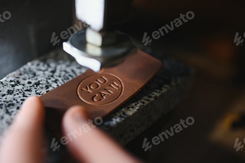 Preview: leather craftsman is carefully to make a leather product for a customer. Leather craftsman concept