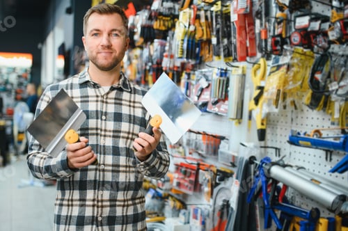 Preview: A male customer in a modern hardware store chooses trowels