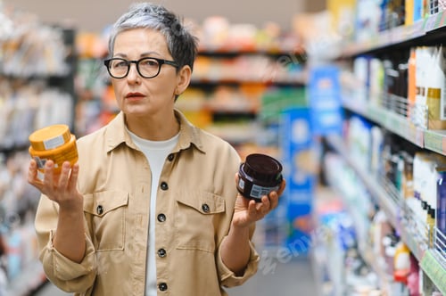Preview: Woman comparing cosmetic products in supermarket aisle