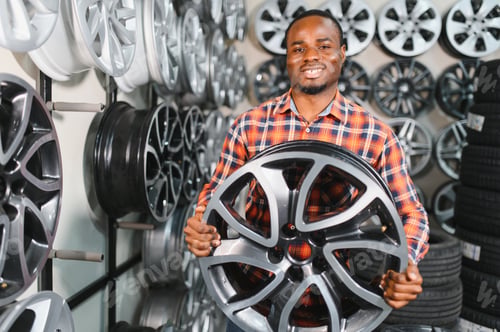 Preview: African american male customer choosing alloy wheel rims at car repair service or auto store