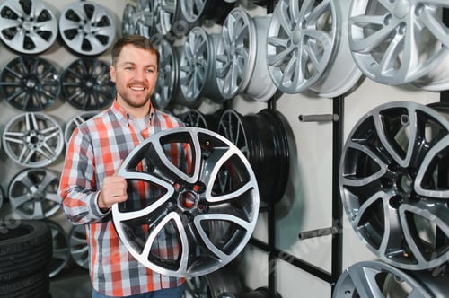 Preview: Portrait of tire technician selling new aluminum car rims