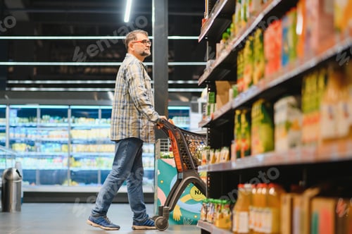 Preview: Senior man at grocery store products