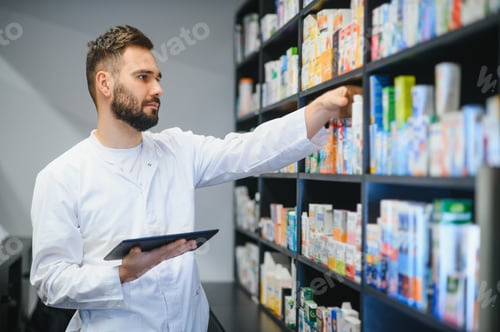 Preview: Pharmacist holding tablet checking medicine inventory in pharmacy