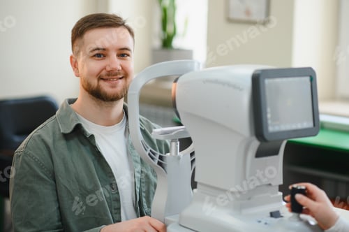 Preview: Happy man getting eye exam at optometry clinic