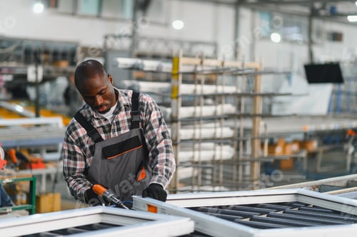 Preview: African american worker assembling plastic window frames in factory