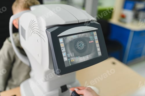 Preview: Patient undergoing eye exam with autorefractor machine
