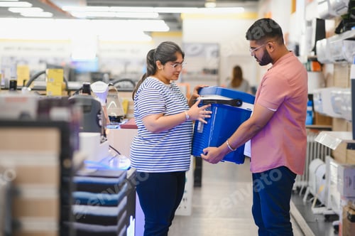 Preview: A indian young couple chooses a plastic cool box for outdoor recreation in an electronics store
