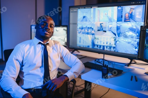 Preview: African American security officer or dispatch uses computer and walkie talkie, looks at screens