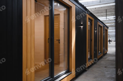 Preview: Production of new wooden modular houses. Construction site
