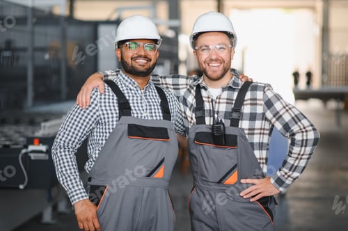 Preview: Two happy international workers in overalls hug each other against a factory background