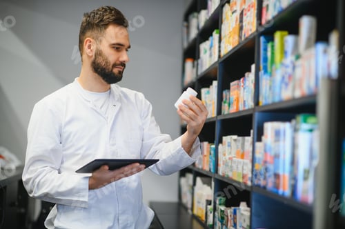 Preview: Pharmacist analyzing medicine bottle using digital tablet in pharmacy