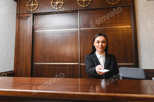 Preview: Hotel receptionist offering key card at front desk