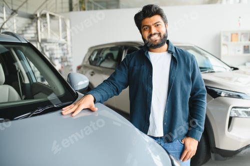 Preview: Indian man smiling buying new car in showroom