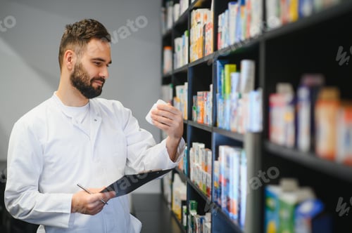 Preview: Pharmacist checking medicine inventory in pharmacy store