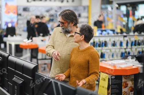 Preview: Mature couple choosing electronics in appliance store