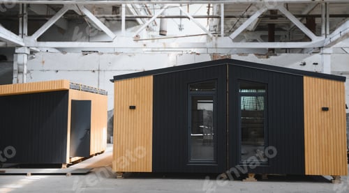 Preview: A new wooden modular prefabricated house inside in manufacturing facility