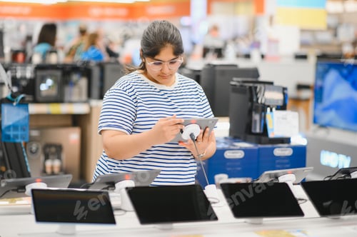 Preview: Smart modern female customer choosing coffee machine at electronics store
